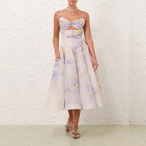 Zimmermann Lilac Floral Midi Linen Cocktail Dress